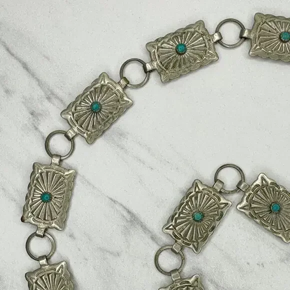 Vintage Faux Turquoise Stamped Concho Chain Belt Silver Tone XS/Small (XS/S) ✨ - Picture 10 of 14